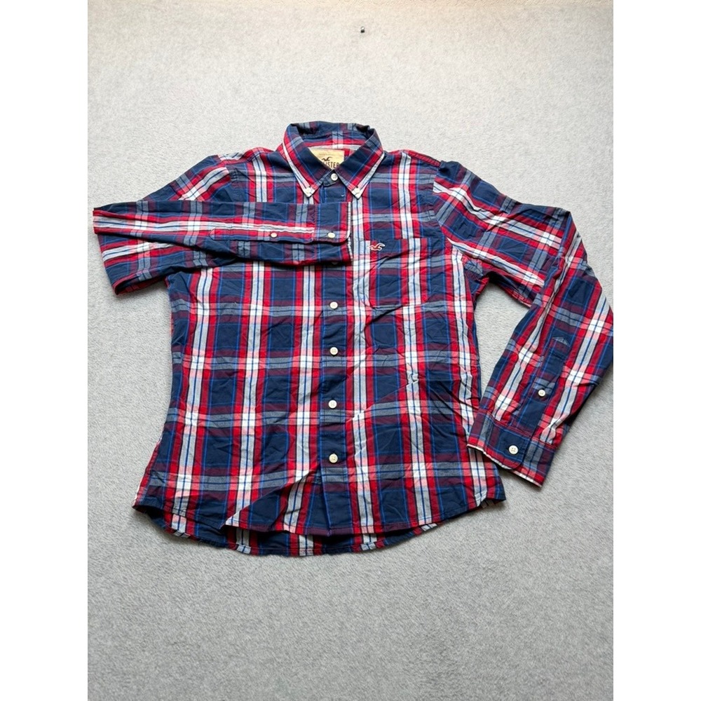 Hollister California Mens XL Red Navy Blue Plaid Button Down Shirt Long Sleeve